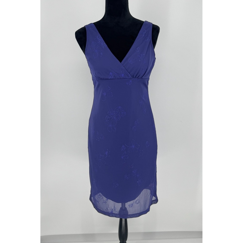 VTG 90s/Y2K City Triangles Size L Purple Mesh Overlay Midi Dress Glitter Floral
